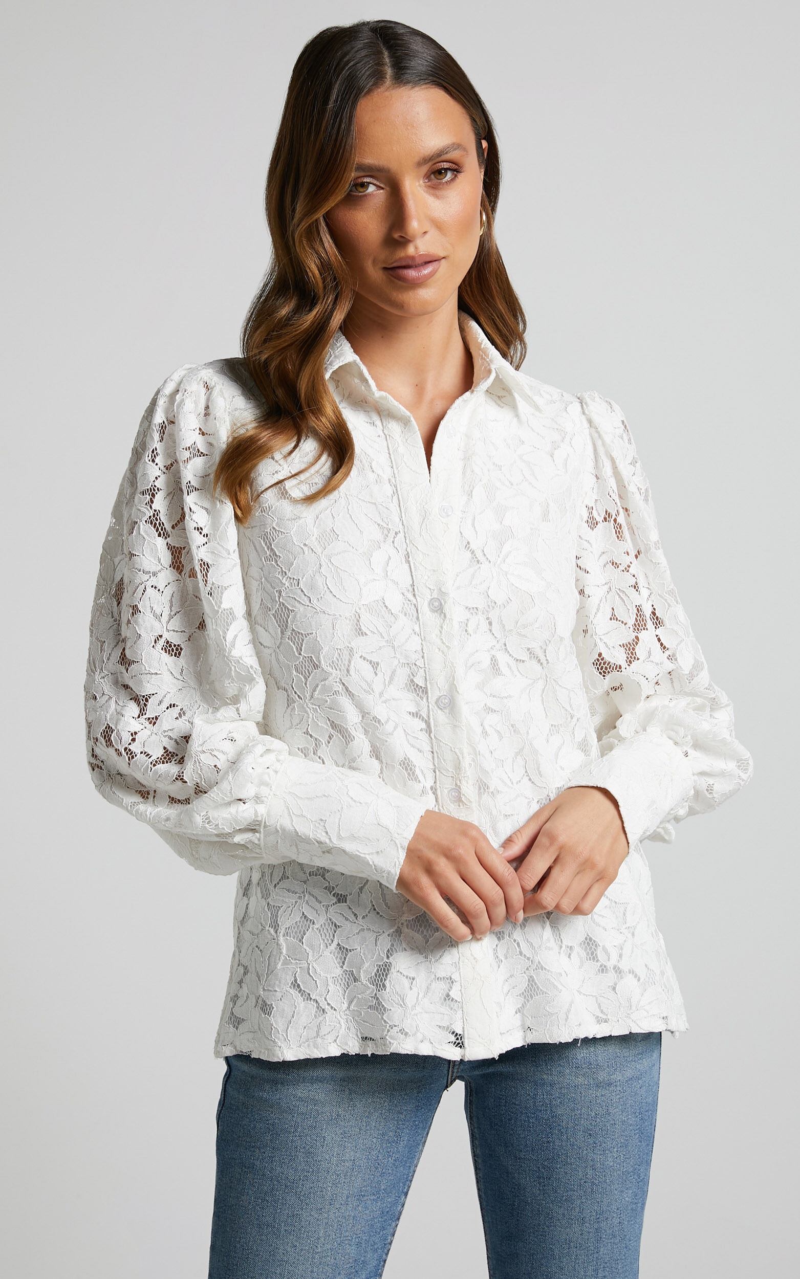 Meghan Ballon Long Sleeve Lace Button Up Shirt in White - 06, WHT1, super-hi-res image number null