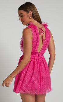 Mariabella Mini Dress - Tulle Plunge Dress in Hot Pink