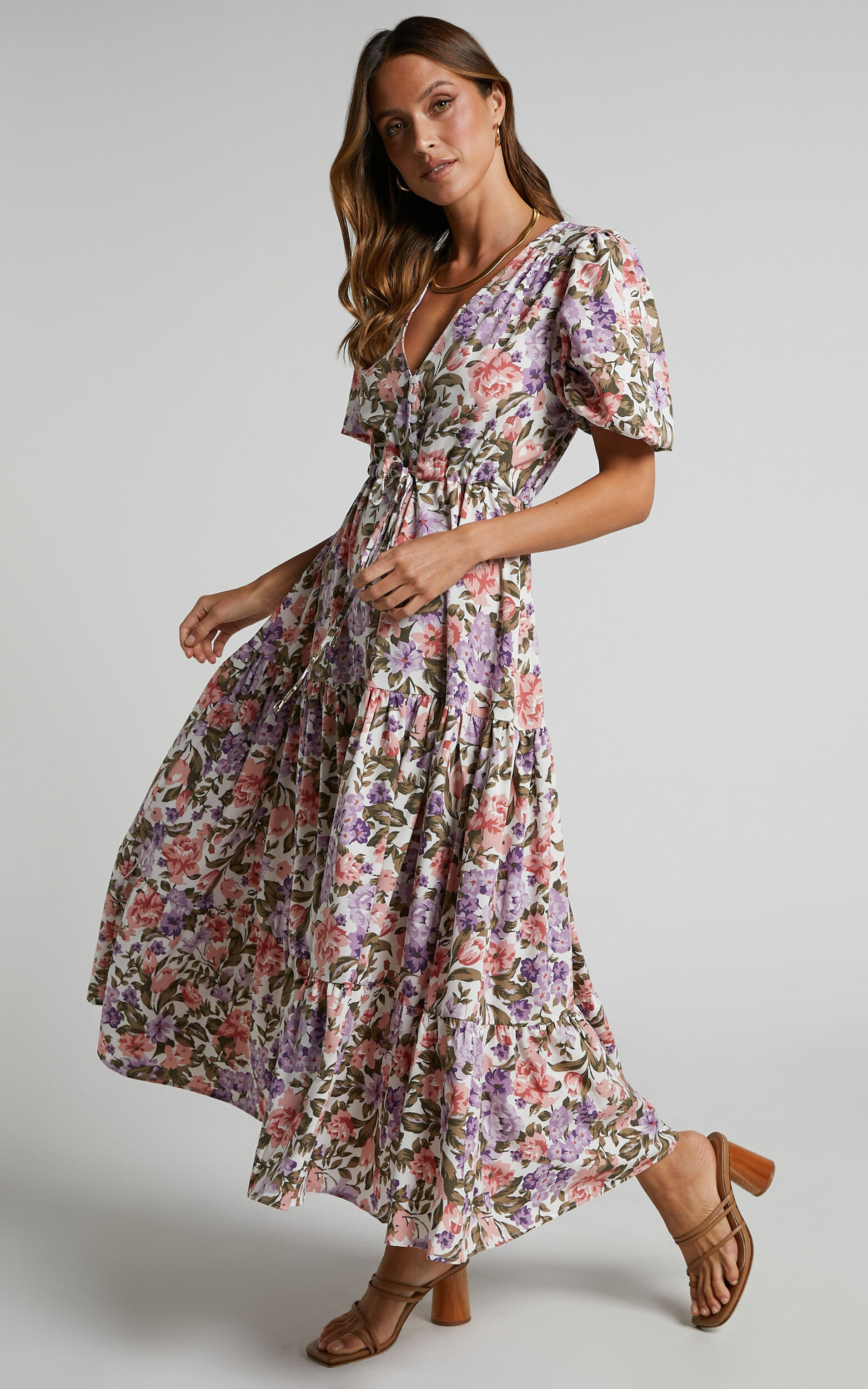 sand Endeløs moronic Annika Midi Dress - Button Front V-Neck Short Sleeve Dress in Pink and  Purple Floral | Showpo USA