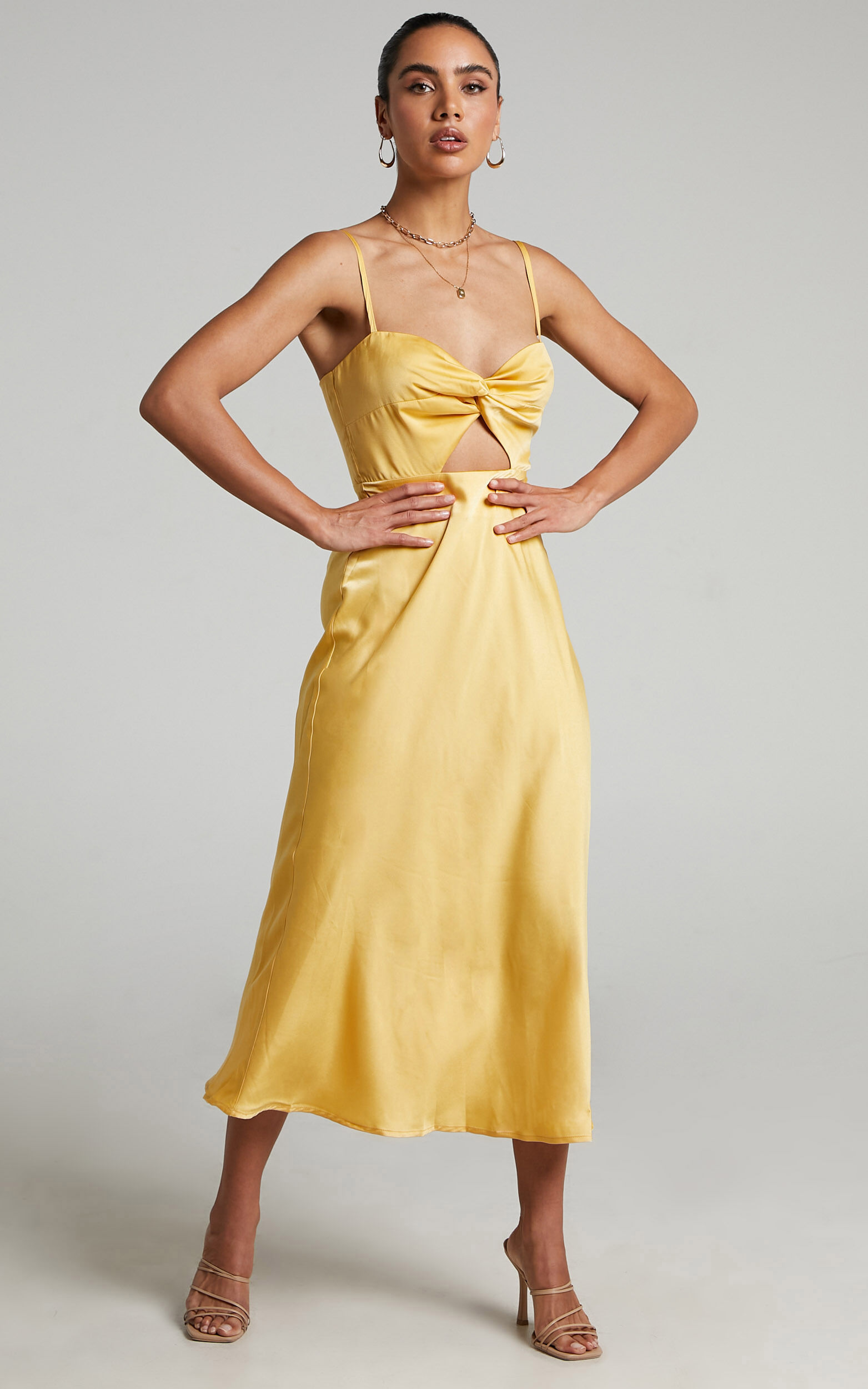 Tomoni Flounce Shoulder Midi Dress in Yellow | Showpo