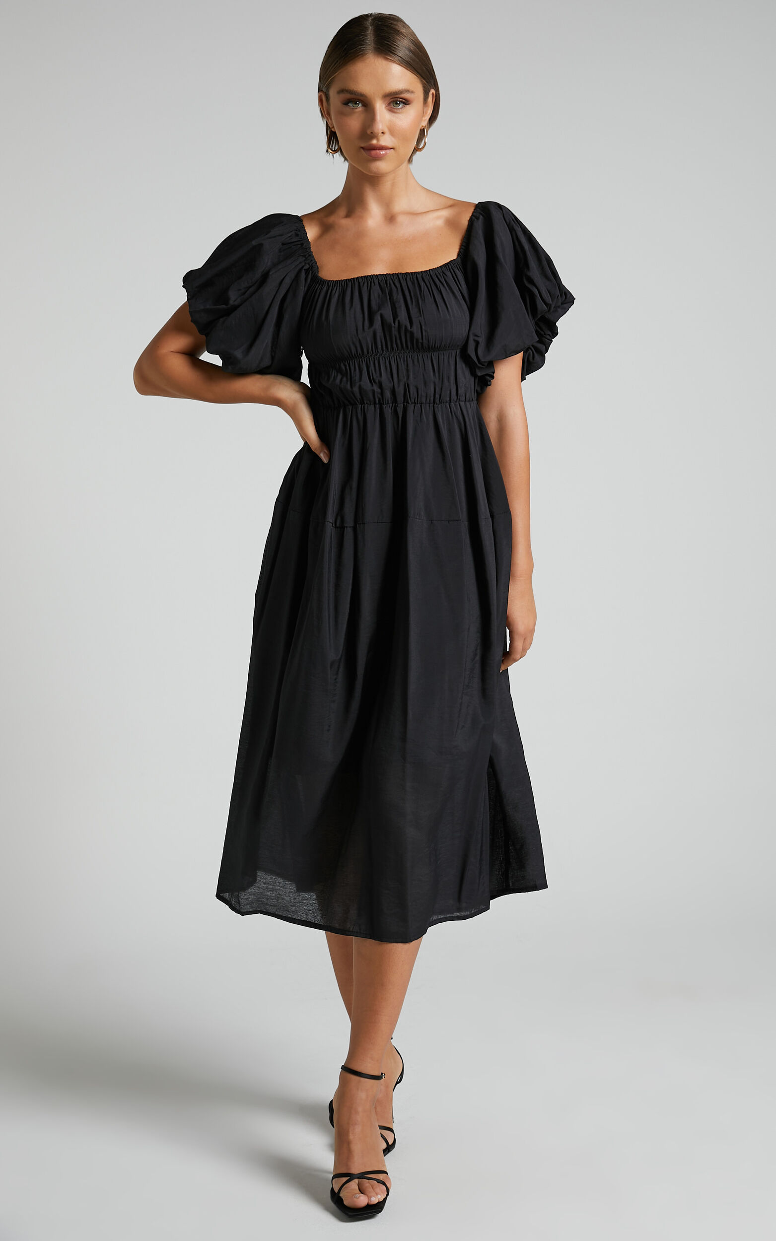 Peyton Midi Dress - Off Shoulder Puff Sleeve Tiered Dress in Black - 06, BLK1