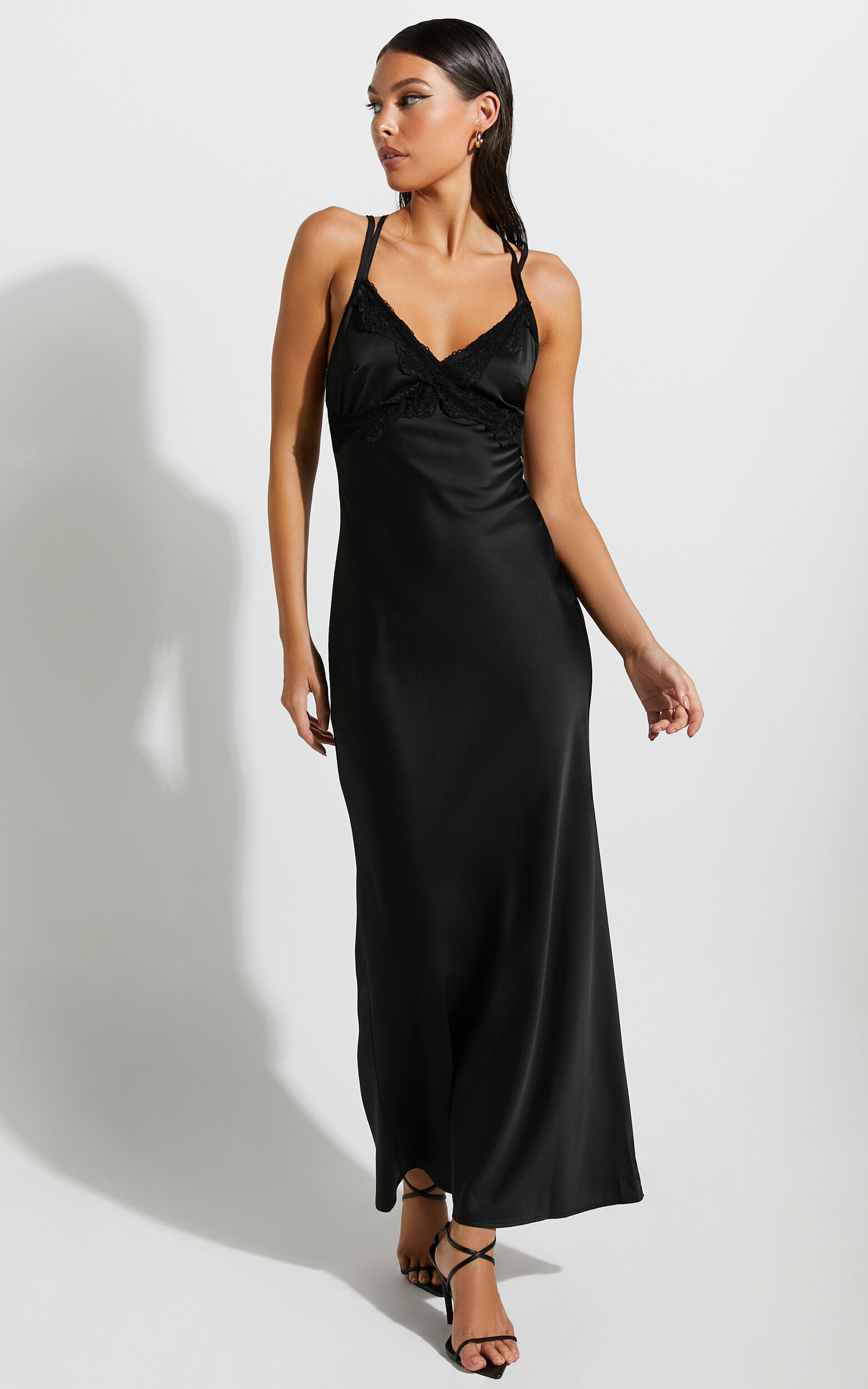 Nievie Lace Trim Bias Cut Midi Dress in Black - 06, BLK1, super-hi-res image number null