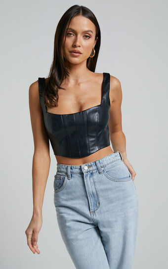 Minx Top - Faux Leather Corset Top in Black
