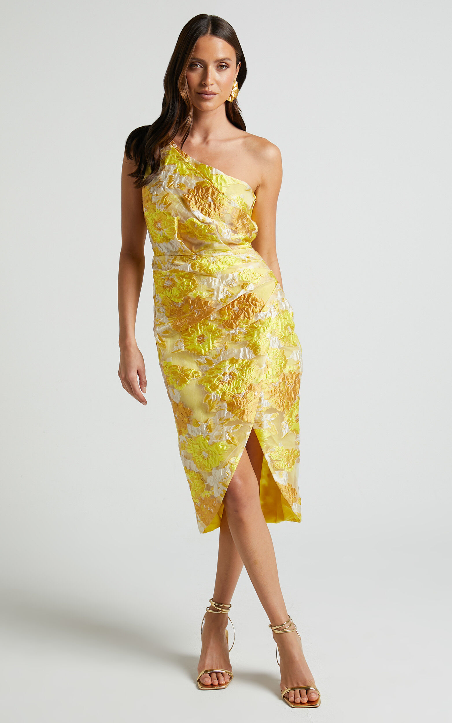 Brailey Midi Dress - One Shoulder Wrap Dress in Yellow Floral - 06, YEL1