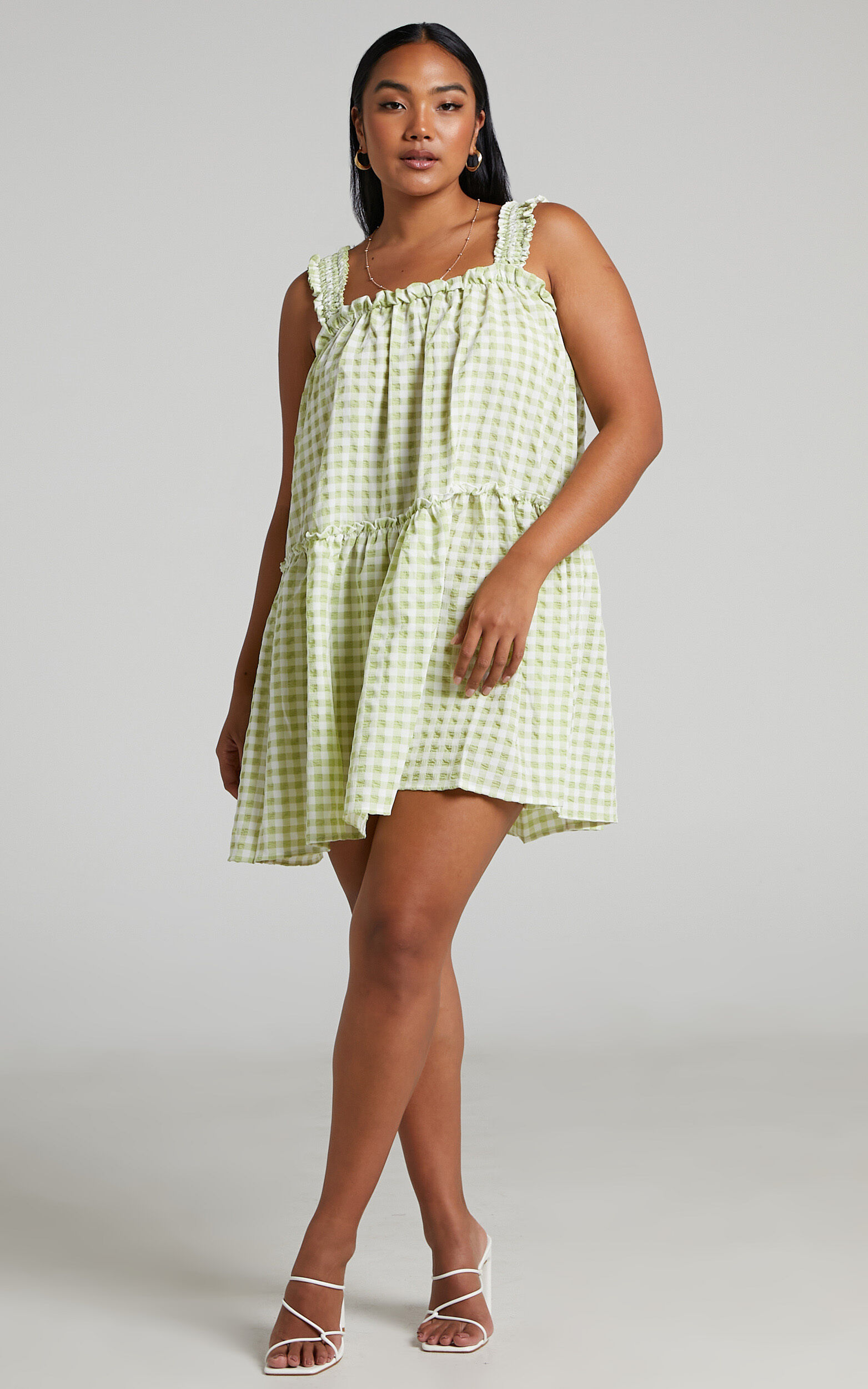 Meldzie Gingham Tiered Mini Dress in Meldzie Lime Gingham - 06, GRN1, super-hi-res image number null