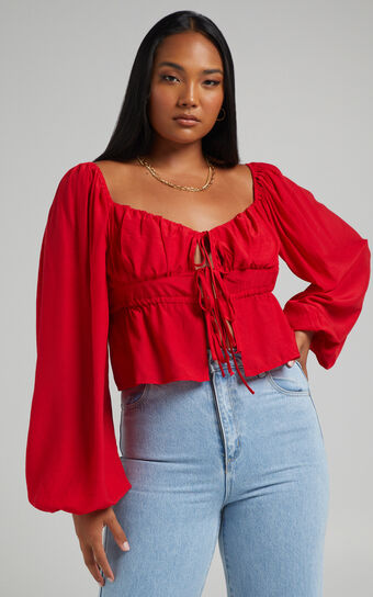 Nadine Top - Long Sleeve Ruched Bust Top in Red