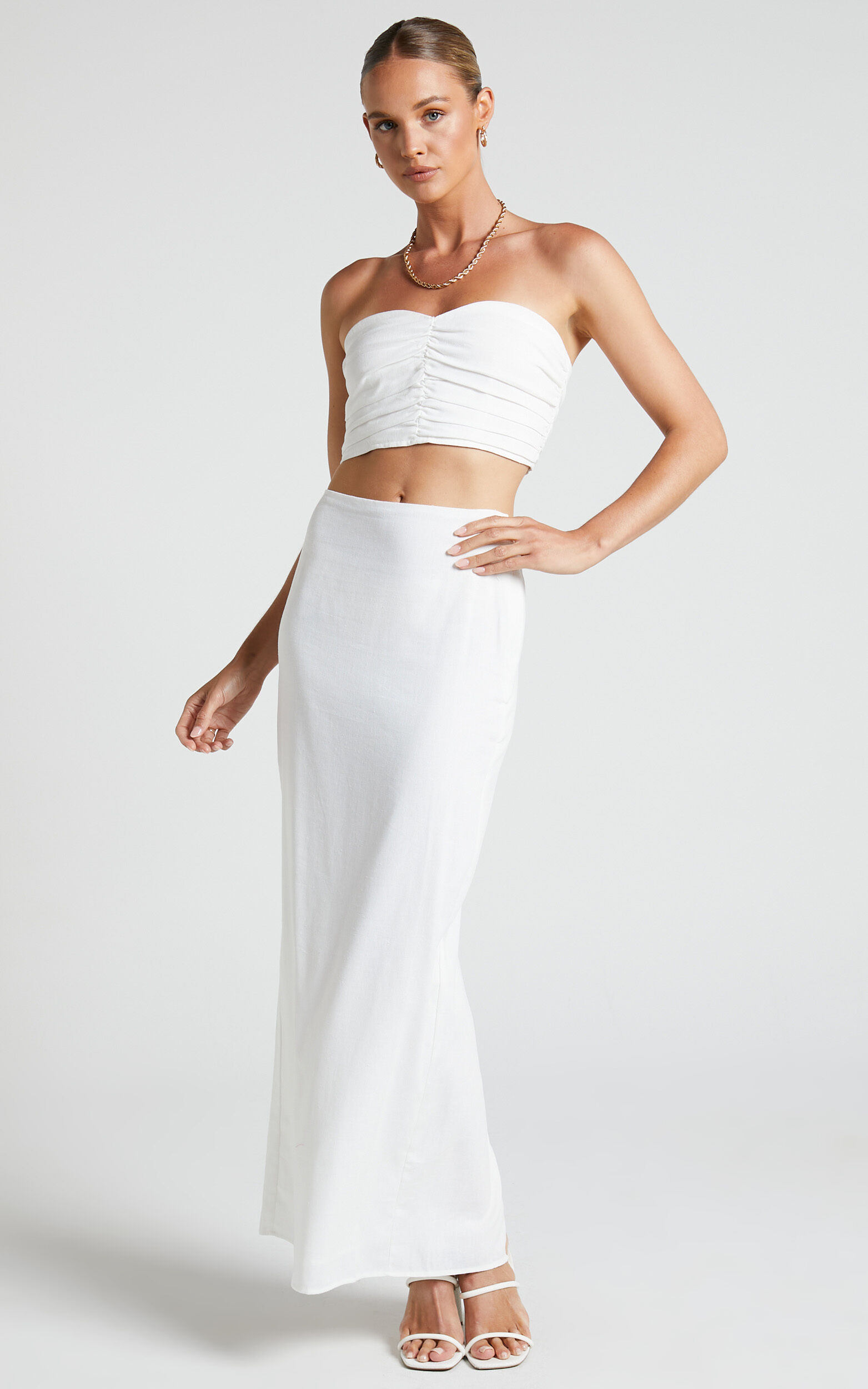 Vance Two Piece Set - Linen Look Ruched Sweetheart Crop Top and Midi Skirt in Ivory - 04, WHT1