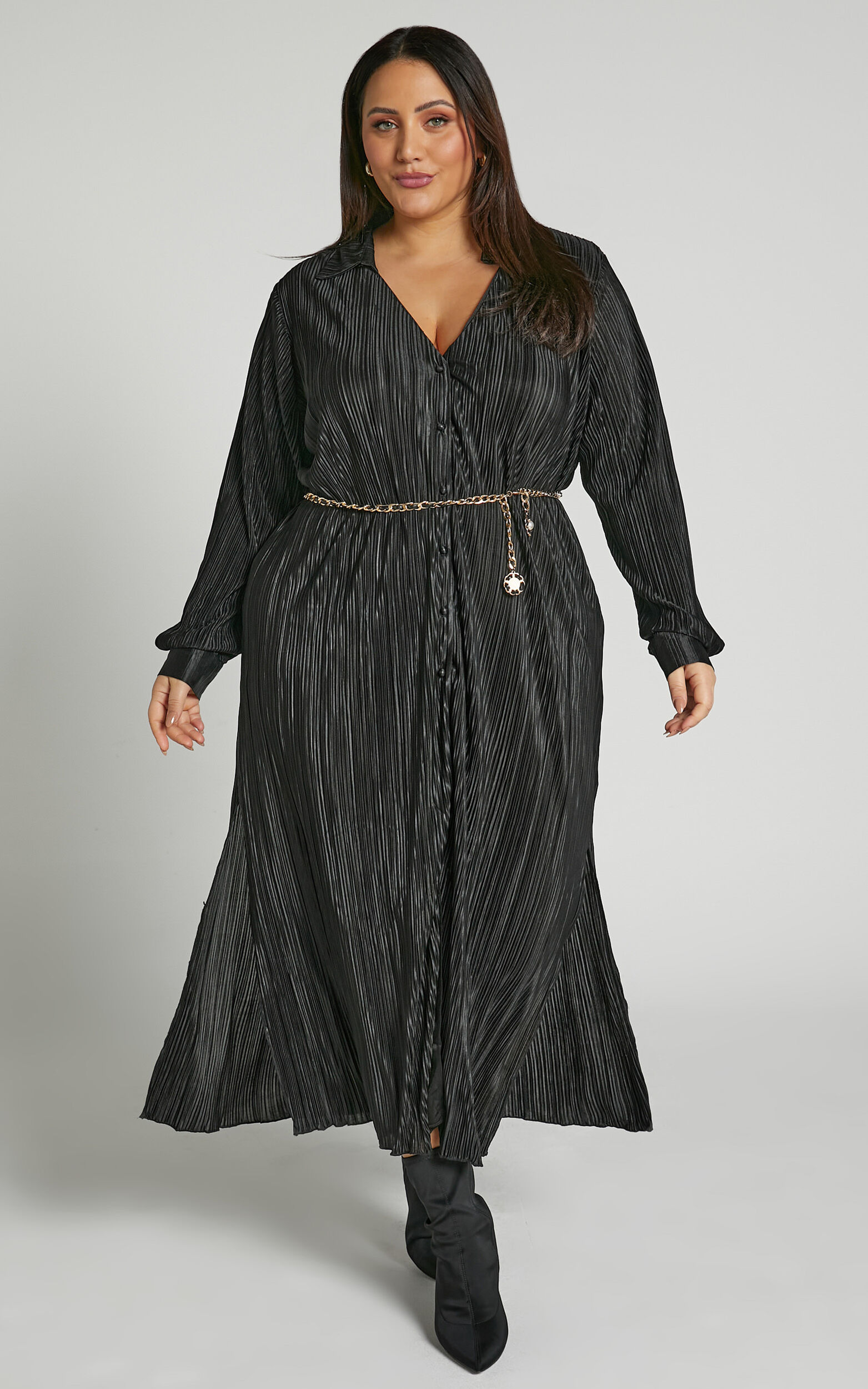 termometer Surichinmoi spændende Donelli Midi Dress - Plisse Oversized Collared Shirt Dress in Black |  Showpo USA