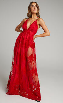 Marissa Velvet Applique Tulle Plunge Maxi Dress in Red