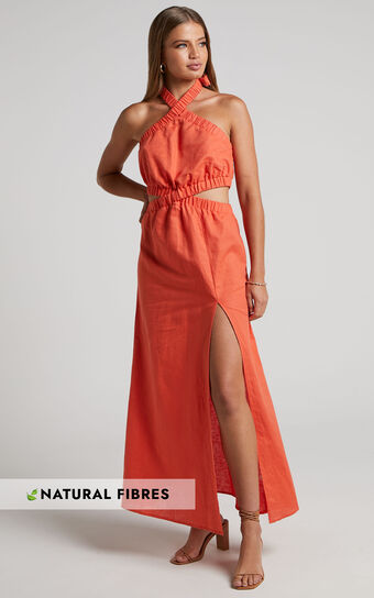 Amalie The Label - Linen Look Halter Neck Cut Out Maxi Dress in Orange Pop