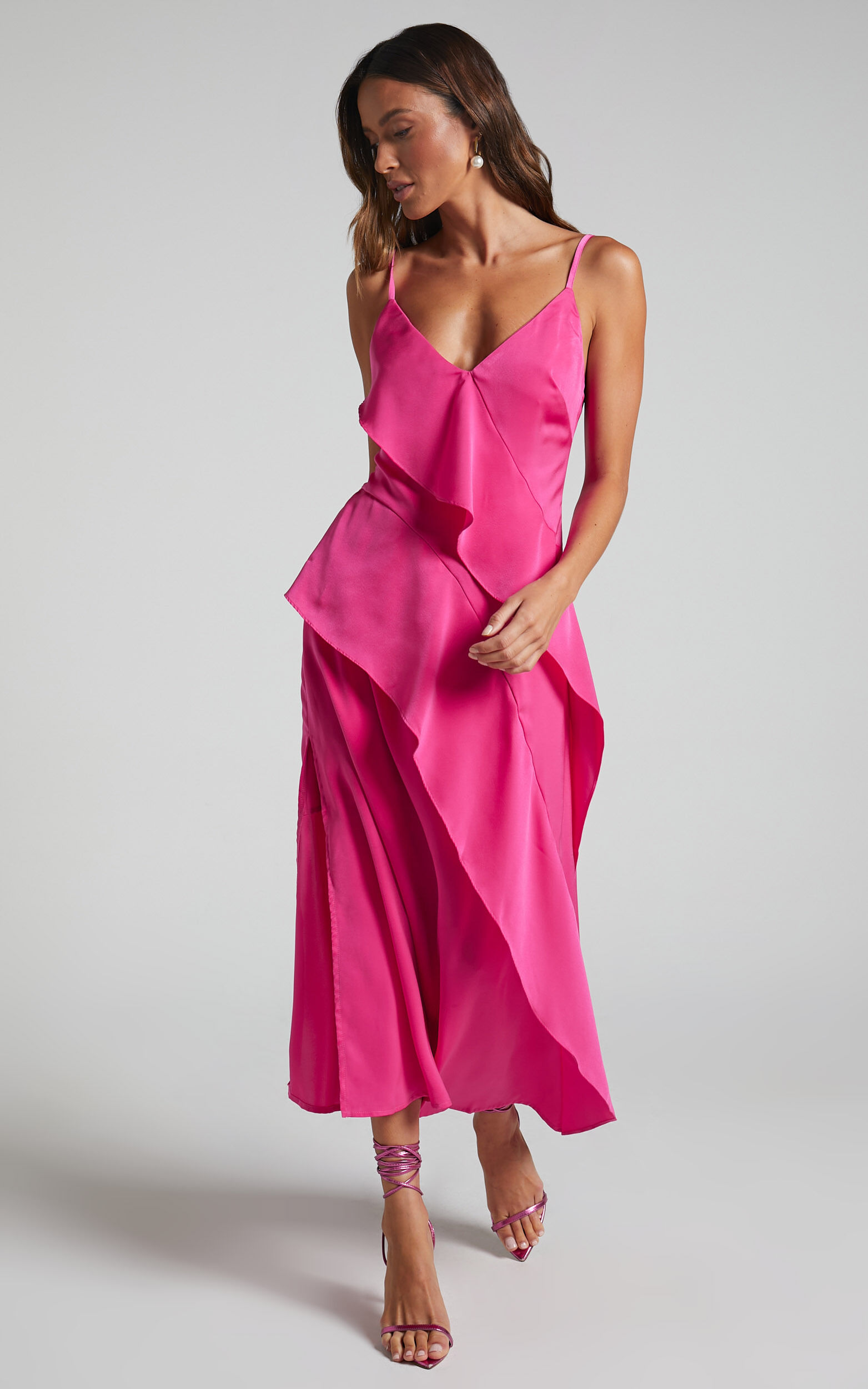 Hot Pink Ruffle V-Neck Mini Dress | SilkFred US