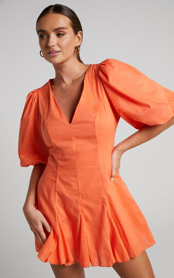 Shairah Mini Dress - V Neck Puff Sleeve Flutter Hem Dress in Orange