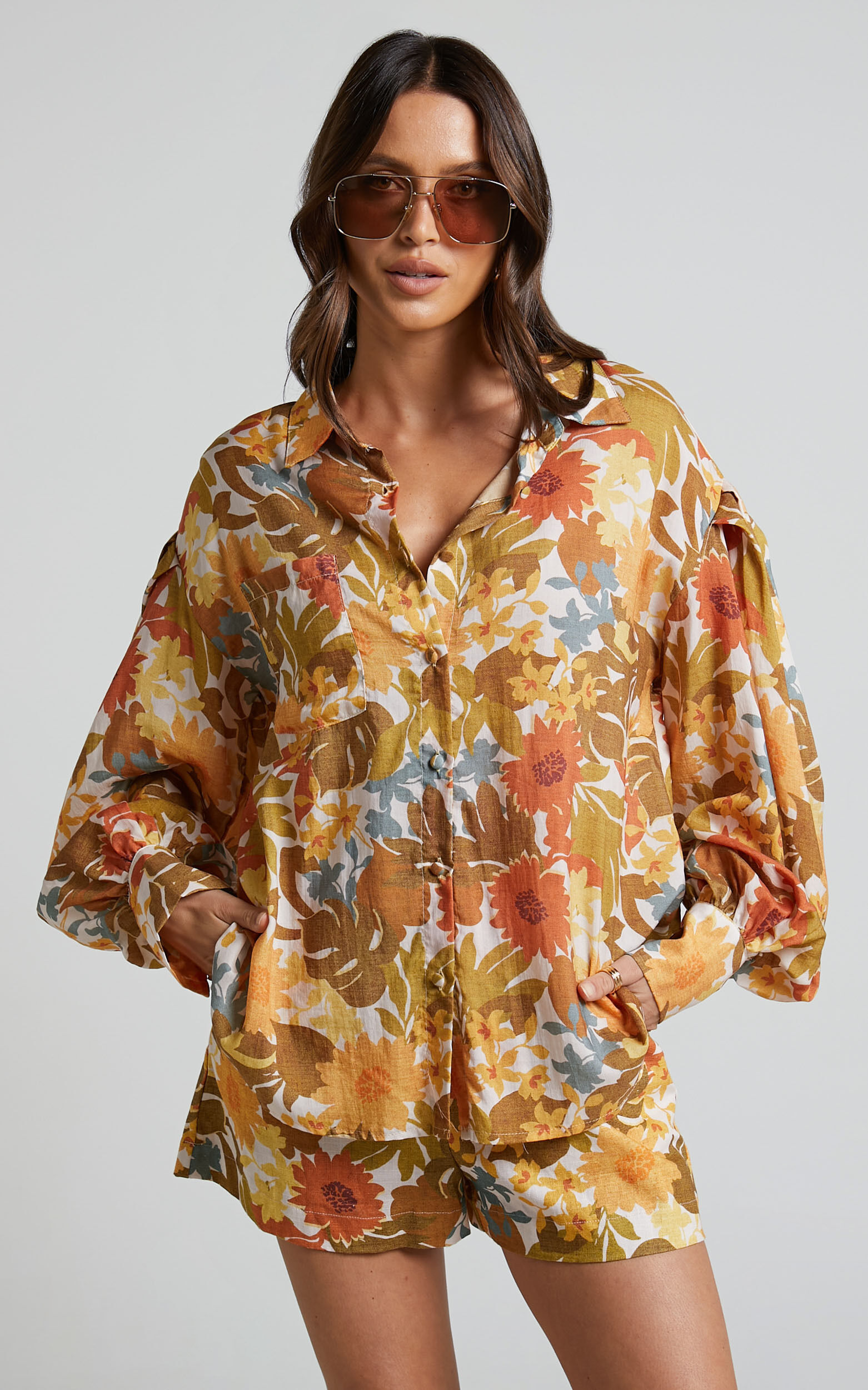 Amalie The Label - Azariah Balloon Sleeve Button Up Shirt in Emerson Floral - 04, ORG1, super-hi-res image number null