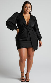 Billie Twist Front Mini Dress with Long Puff Sleeves in Black