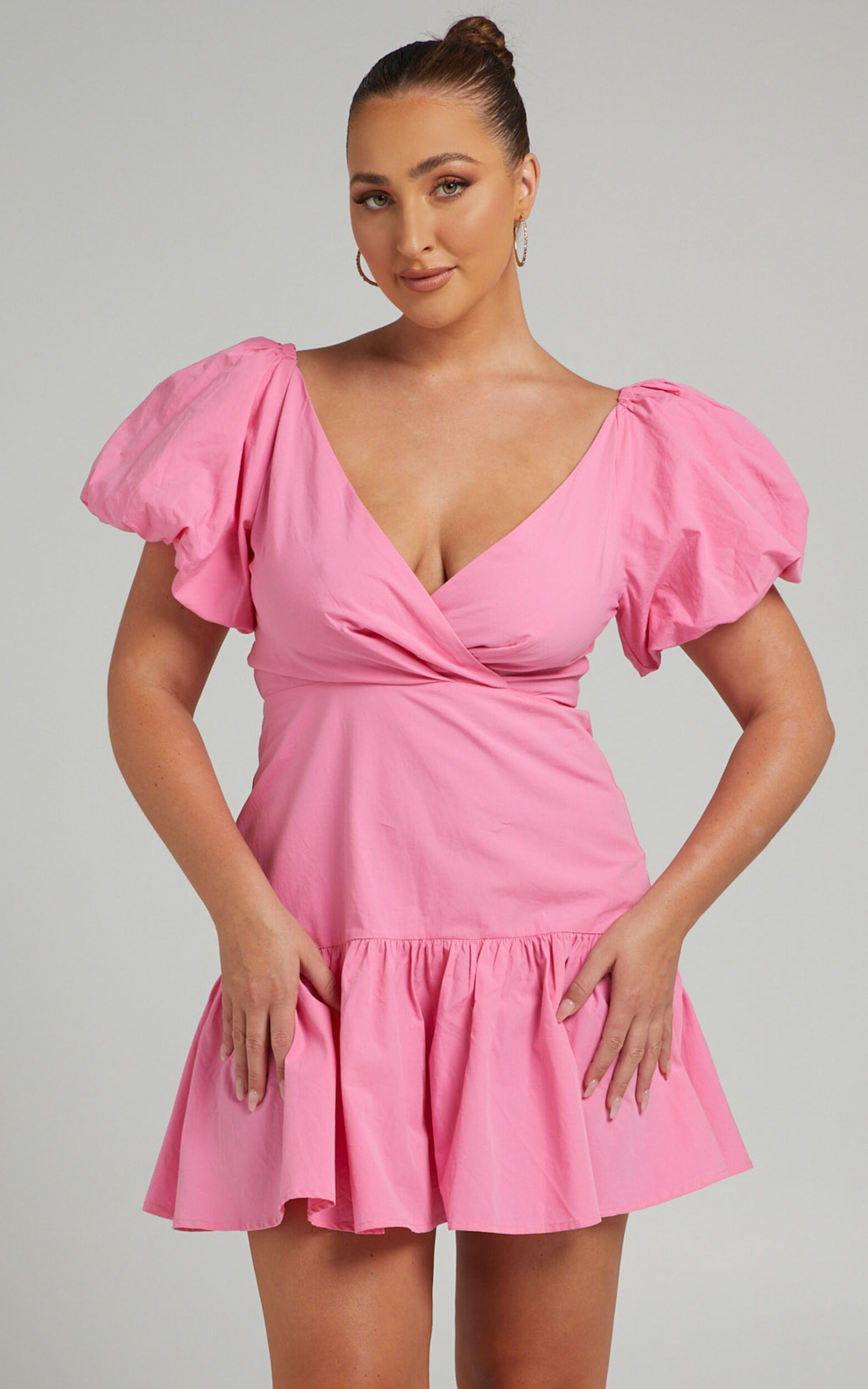 Brighton Puff Sleeve Ruffle Mini Dress in Bright Pink - 04, PNK4, super-hi-res image number null
