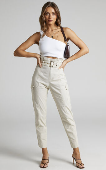 Kaori Belted Paper Bag Waist Utility Pants in Sand