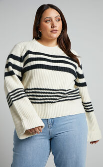 Pheney Sweater - Striped Crew Neck Knit Sweater in Cream and Black