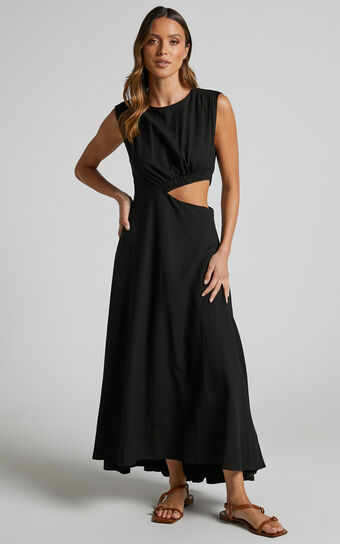 Martha A Line Side Cutout Sleeveless Midi Dress in Black