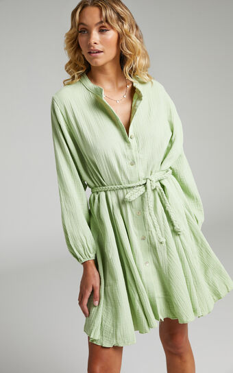 Raphaelle Mini Dress - Long Sleeve Button Up Dress in Green