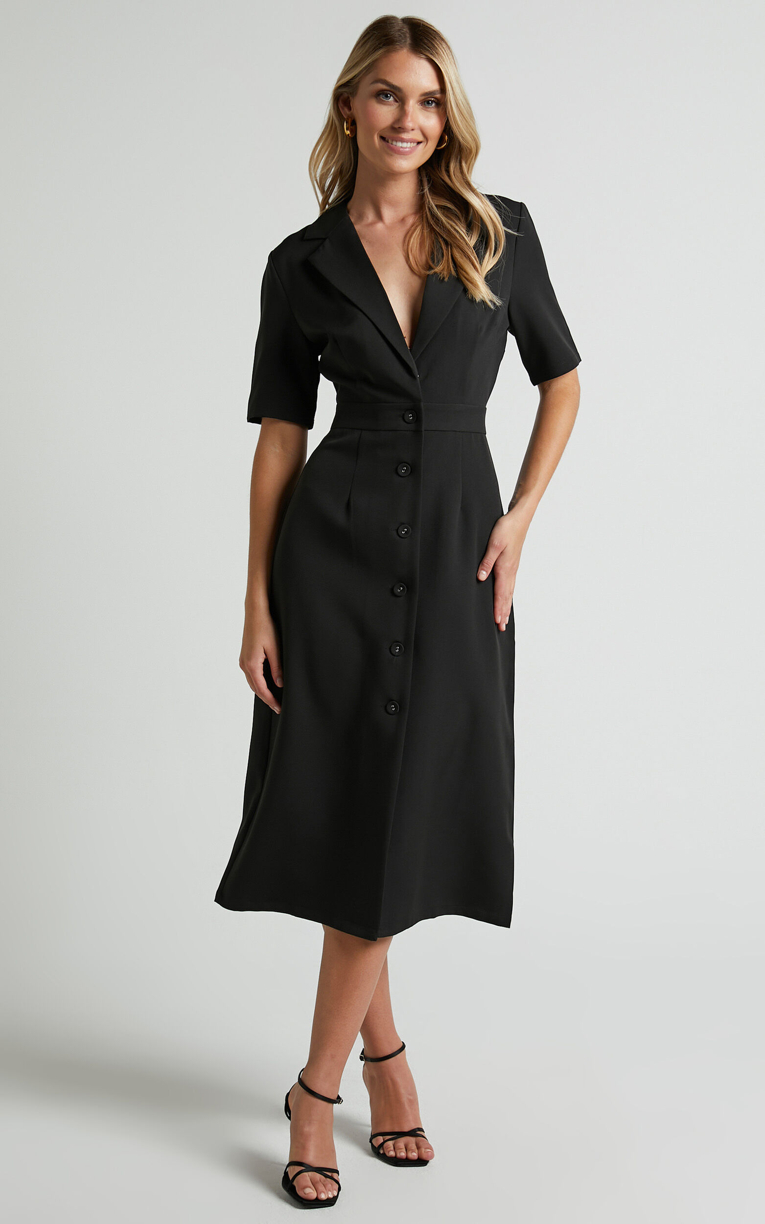 Ludovica Midi Dress - Collared Short Sleeve Midi Dress in Black - 06, BLK1