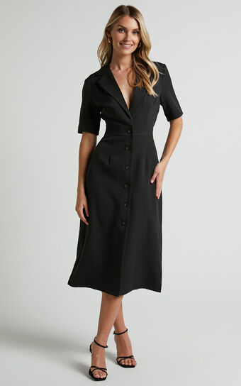 Ludovica Midi Dress - Collared Short Sleeve Midi Dress in Black