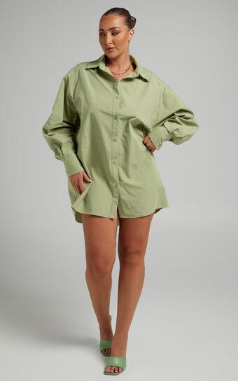 Harriet Oversized Long Sleeve Button Up Shirt in Washed Khaki