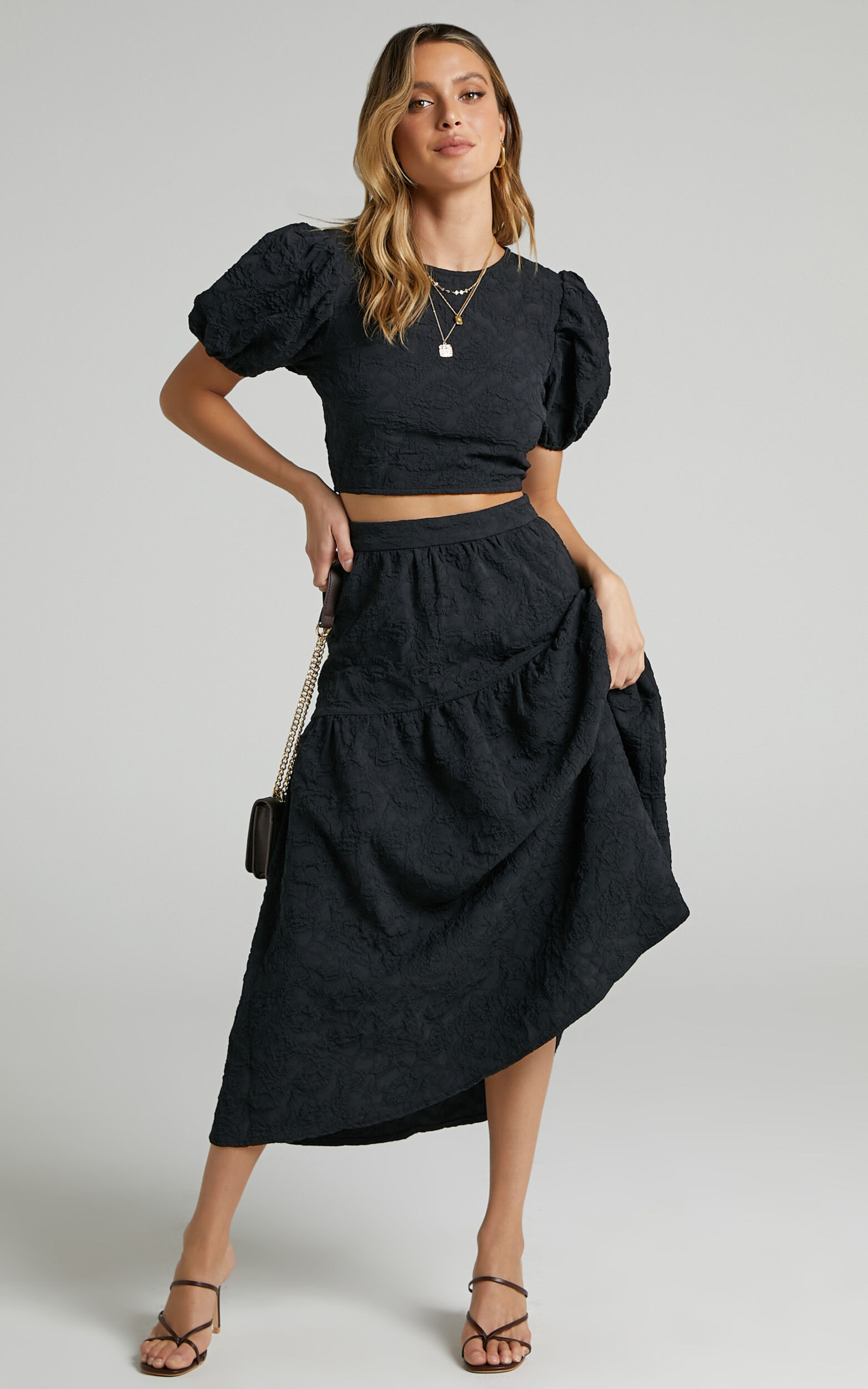 Leila Two Piece Set - Puff Sleeve Top and Midi Skirt Set in Black - 06, BLK1