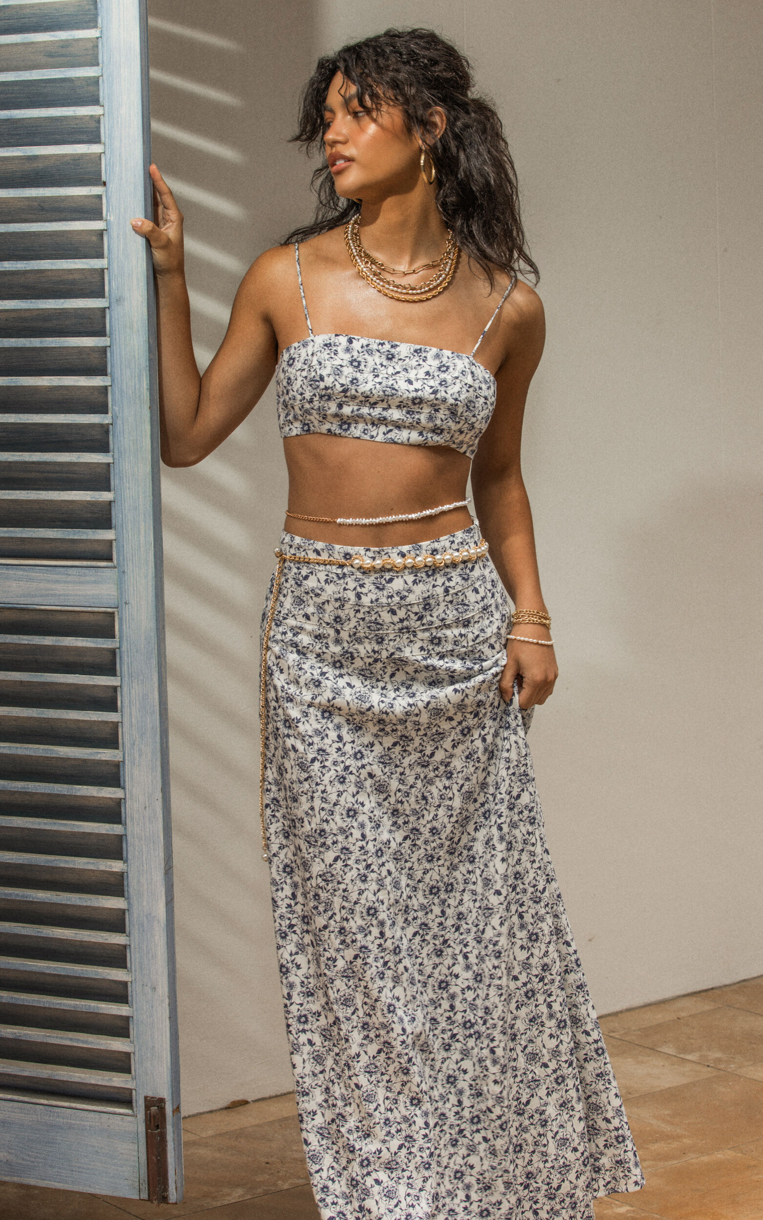 Amalie The Label - Maya Panelled Crop Top and Maxi Skirt Two Piece Set in Blue Porcelain Floral - 12, WHT2, super-hi-res image number null