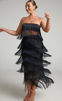 Amalee Fringe Strapless Crop Top and Midi Skirt Two Piece Set in Black