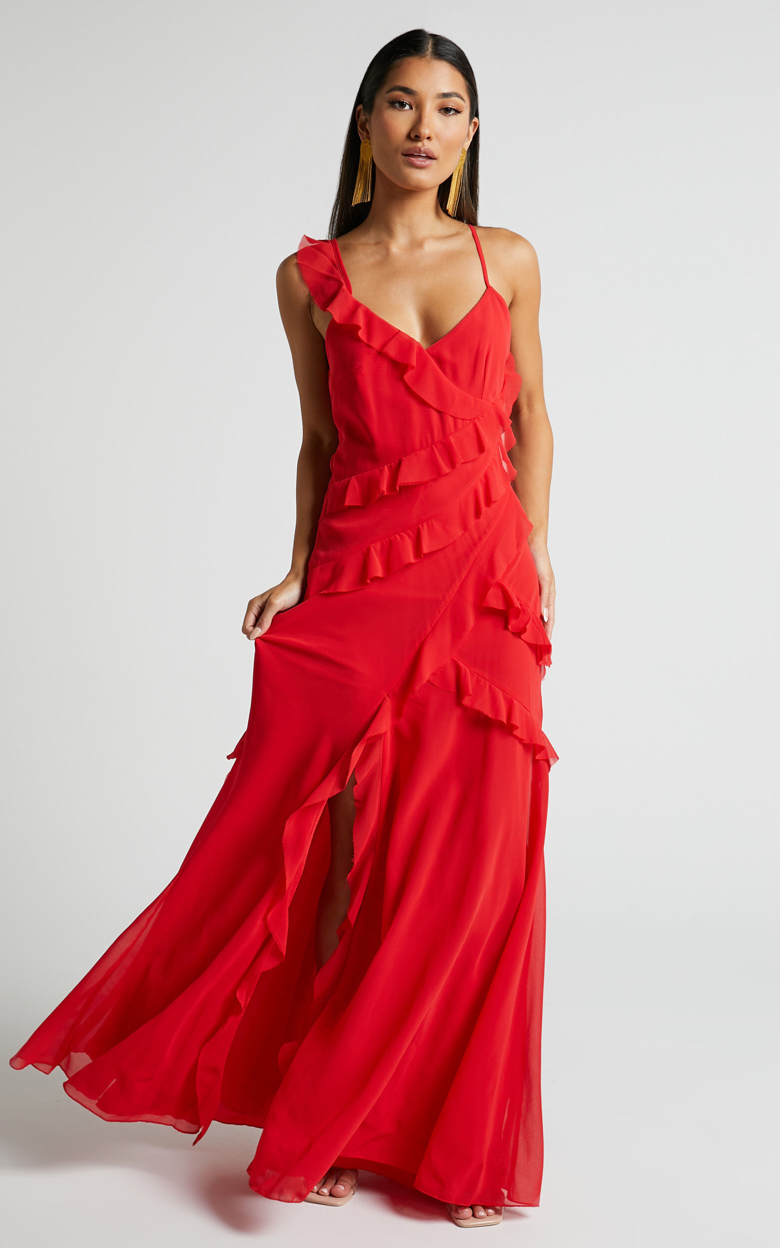 Nitha Maxi Dress - Asymmetrical Frill Thigh Split Dress in Red | Showpo USA