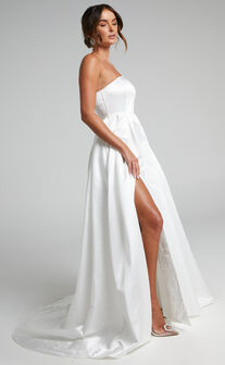 Desire Me One Shoulder Thigh Split Gown in Ivory Satin