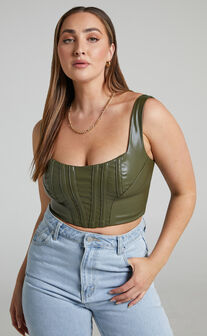 Raeka Faux Leather Corset Top in Olive