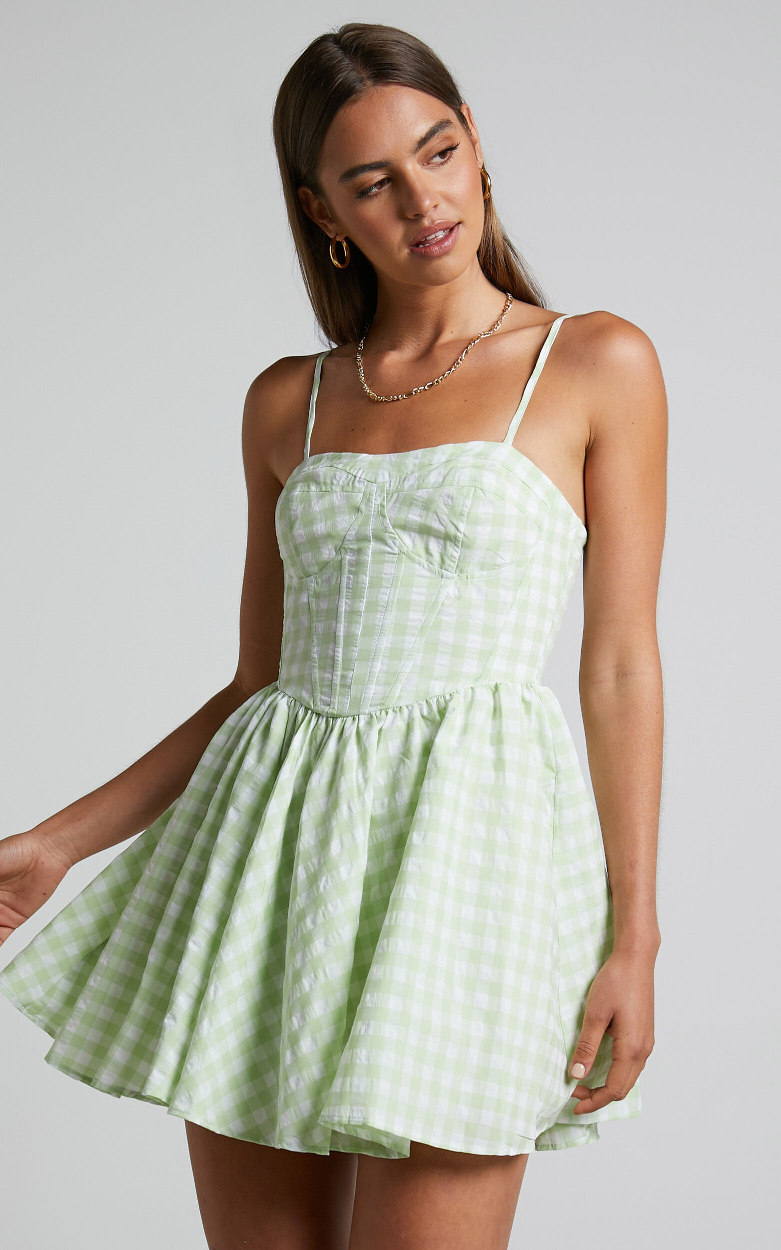 Madelyn Mini Dress - Fit and Flare Corset Dress in Mint Green Gingham - 06, GRN1