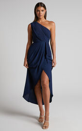 Namaari Midi Dress - Faux Wrap One Shoulder Dress in Navy | Showpo USA