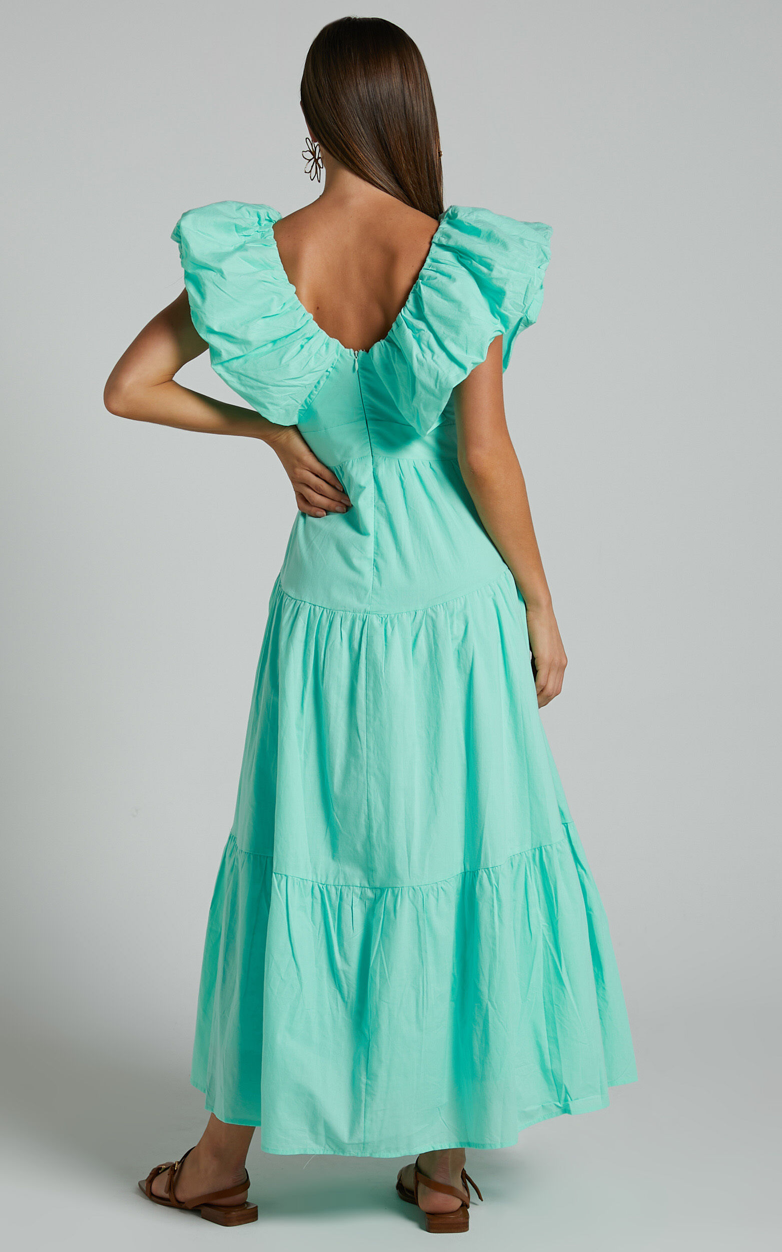 Laurah Ruffle V Neck Tiered Midi Dress in Mint | Showpo USA