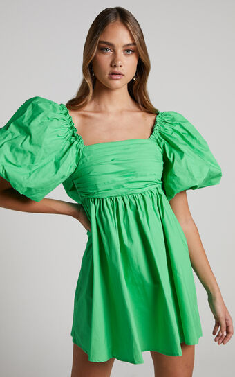 Melony Mini Dress - Cotton Poplin Puff Sleeve Dress in Green
