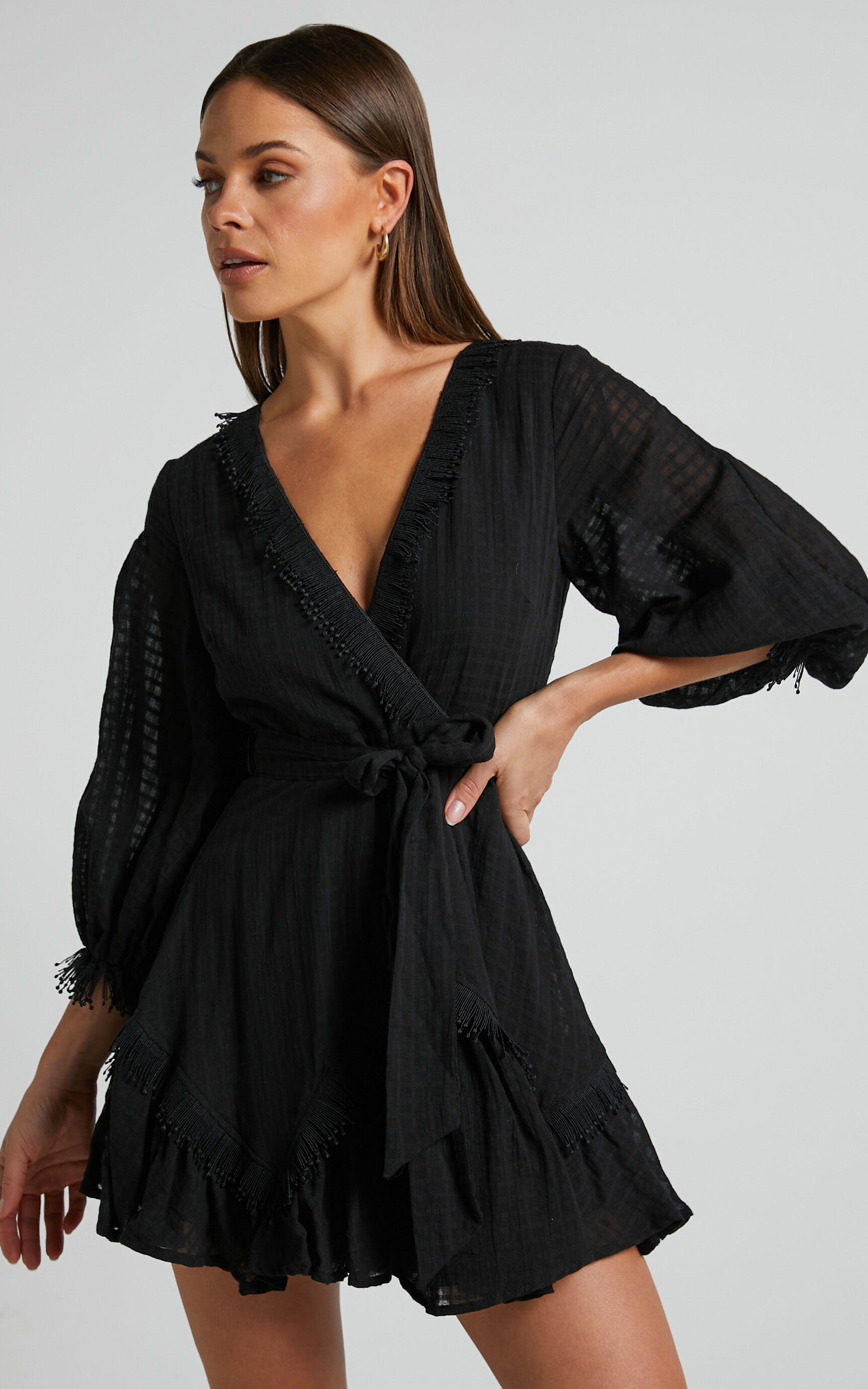 Gawain Puff Sleeve Textured Frill Detail Mini Dress in Black - 06, BLK1, super-hi-res image number null