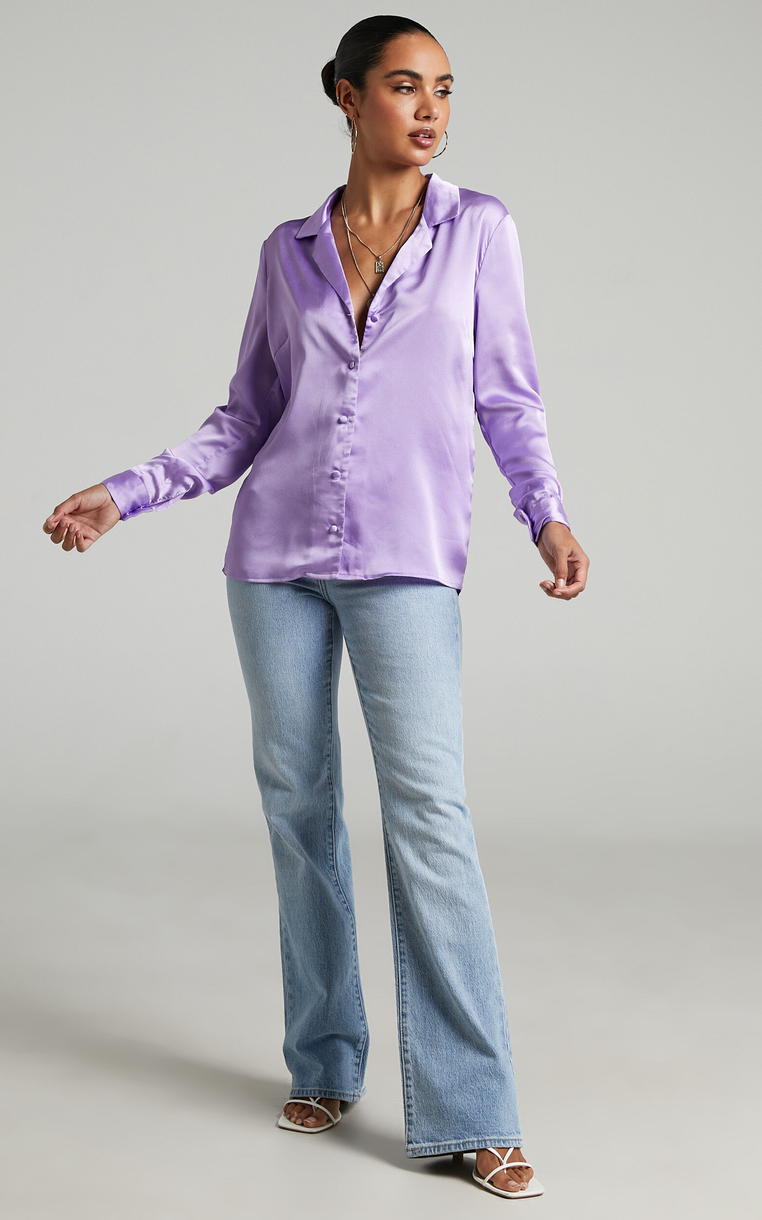Lilac Satin | Button Collared Tinna Showpo Up USA in Shirt Longsleeve