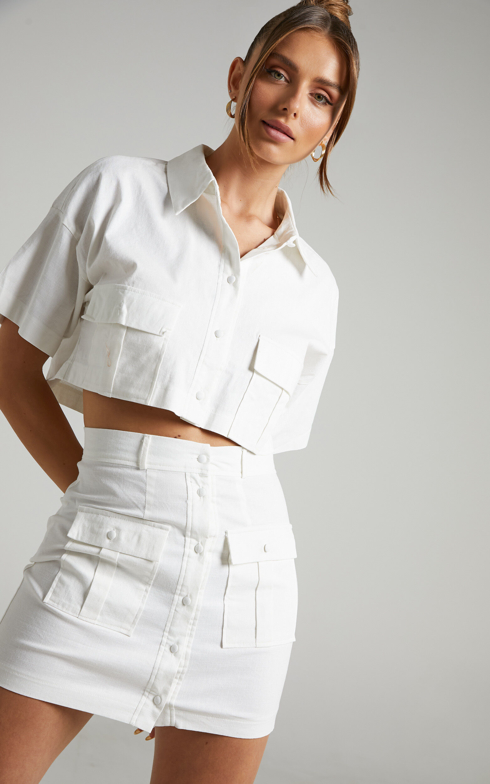 Navine Button Front Crop Top and Cargo Pocket Mini Skirt Two Piece Set in White - 04, WHT2, super-hi-res image number null