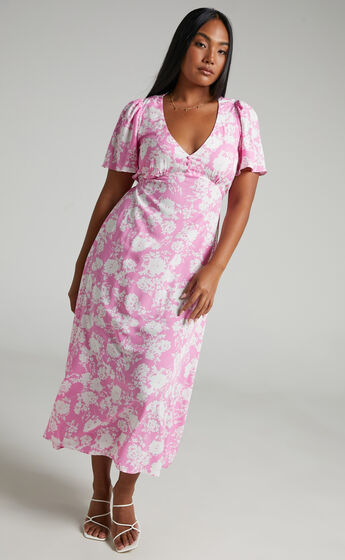 Ranella Button Front Midi Dress in Pink Floral