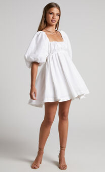 Amalie The Label - Hamyya Linen Tie Back Puff Sleeve Mini Dress in White