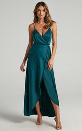Mine Would Be You Midi Dress - Wrap Dress in Emerald Satin | Showpo