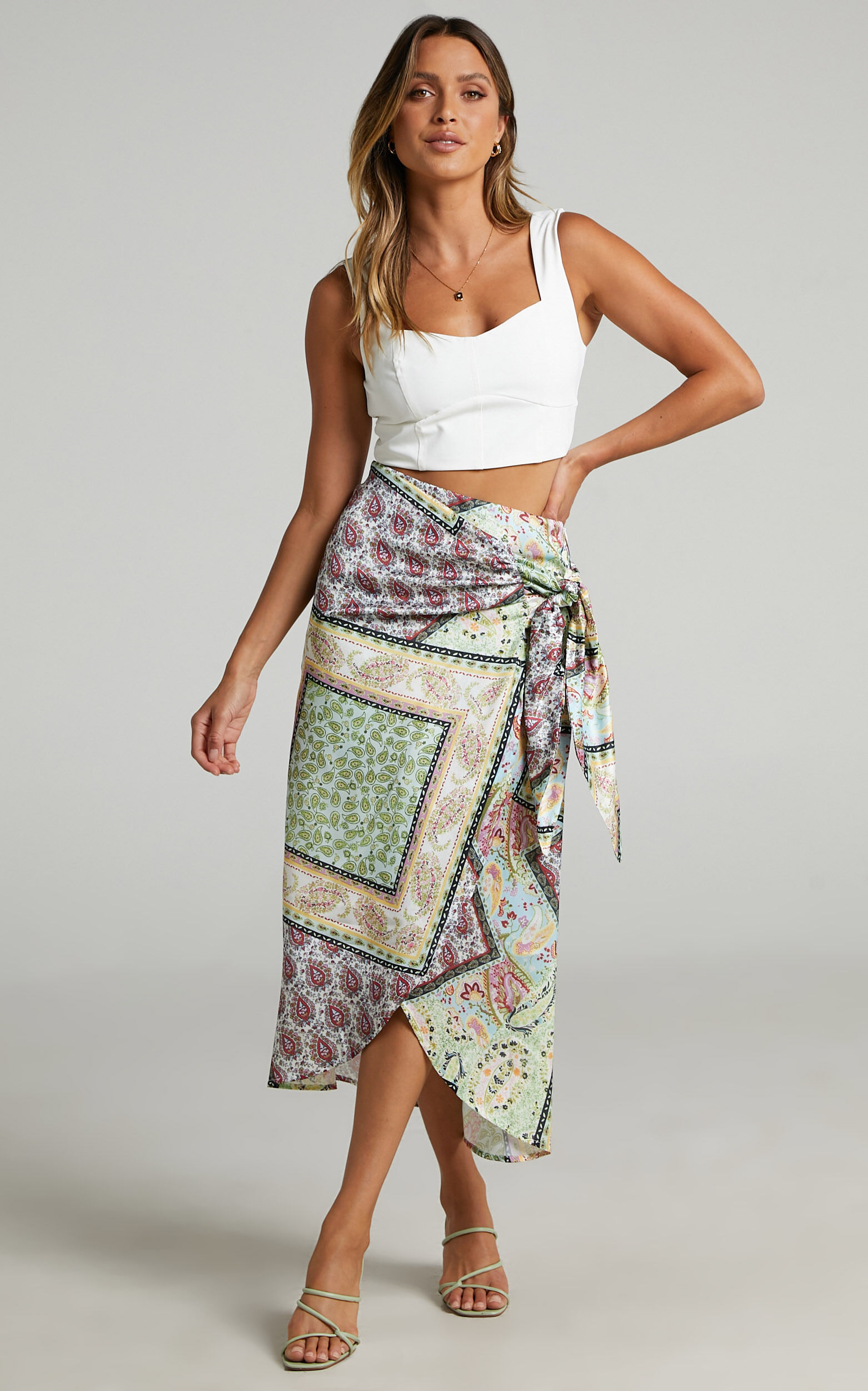 Roxine Knot Front Wrap Midi Skirt in Paisley Print - L, MLT1, super-hi-res image number null