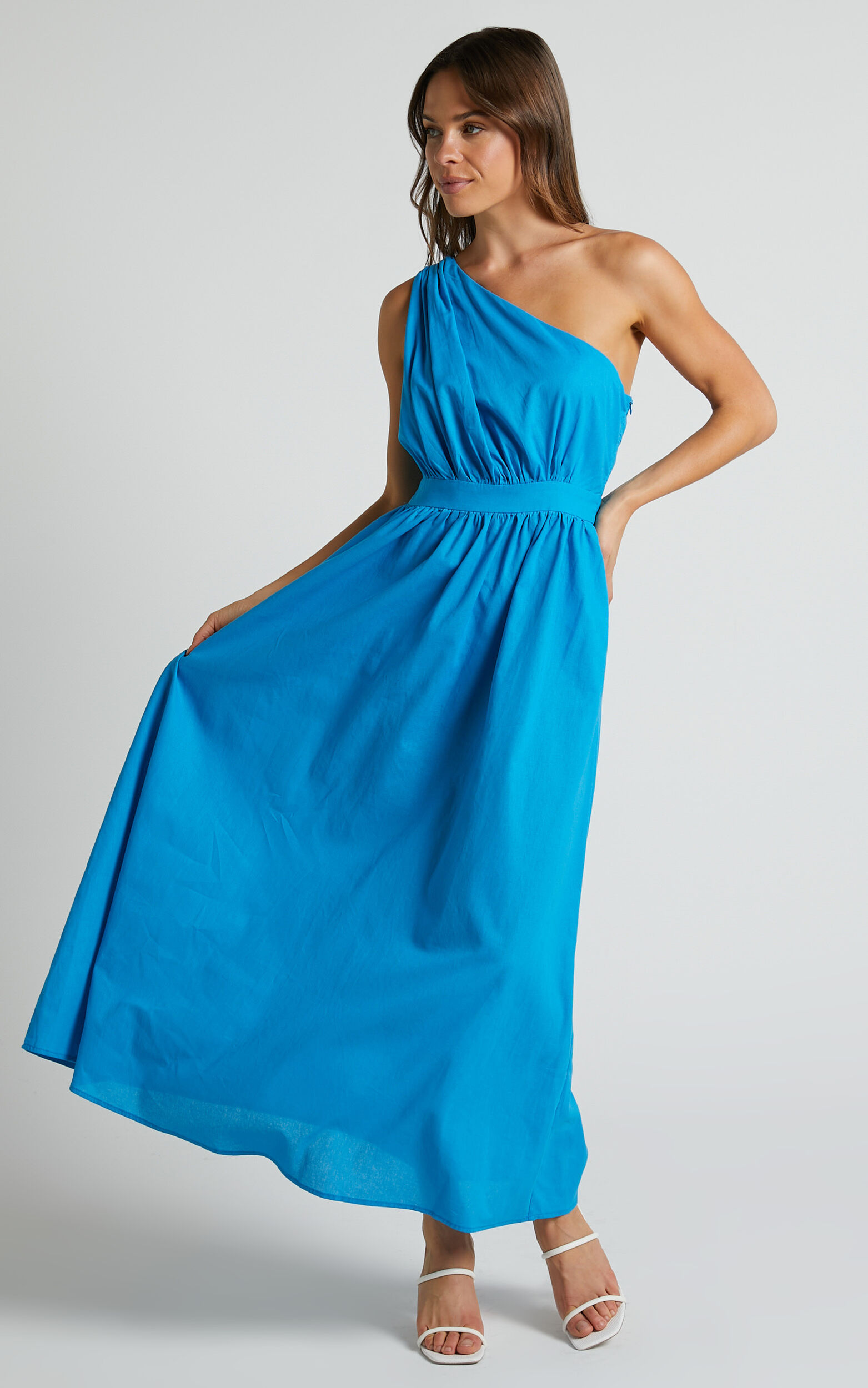 Narina Midaxi Dress - One Shoulder Ruched Bodice A Line Dress in Blue - 06, BLU1