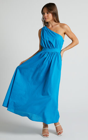 Narina Midaxi Dress - One Shoulder Ruched Bodice A Line Dress in Blue