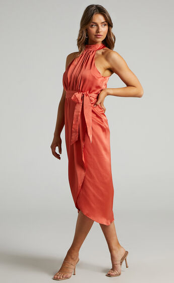 Montreal Midi Dress with High Neckline in Rust Satin