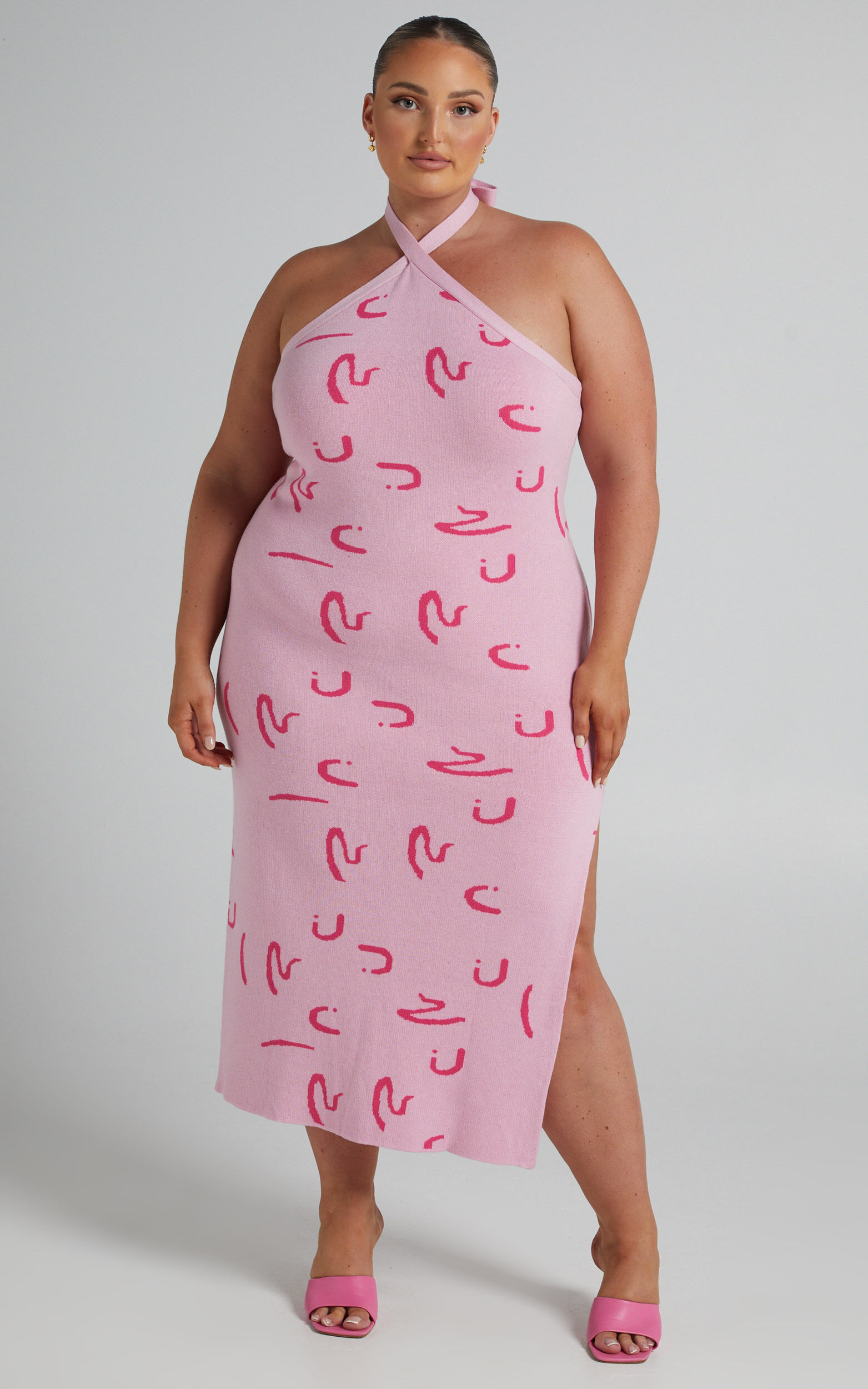 Jenni Midi Dress - Tie Up Halter Knit Dress in Pink Print - 06, PNK1