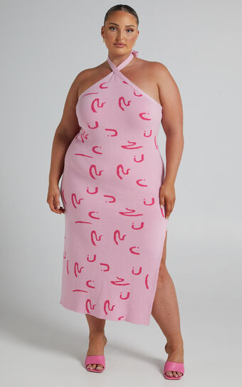 Jenni Midi Dress - Tie Up Halter Knit Dress in Pink Print