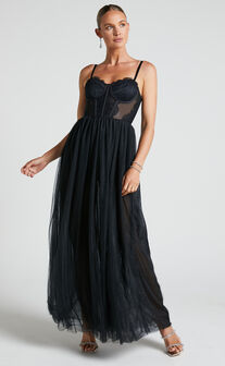 Audrie Maxi Dress - Lace Corset Tulle Dress in Black