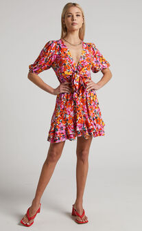 Dyliah Mini Dress - Tie Front Puff Sleeve Mini Dress in Spring Floral